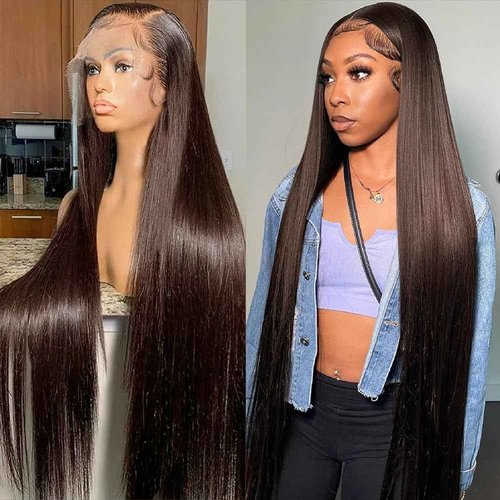 Azkiu 32 Inch Brown Straight Lace Front Wigs Human Hair Straight 13x4 HD Lace Frontal Human Hair Wig Pre Plucked 180% Density Brazilian Virgin Human Hair Wig with Baby Hair for Women
