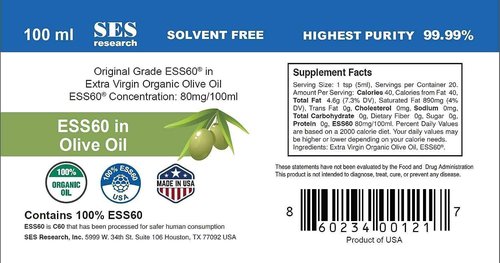 SES Research C60 - Nootropic, Focus, Sleeping Supplement, Anti Aging, Super Antioxidant, Maximum Concentration, C60 99.99% in Organic Extra Virgin Olive Oil