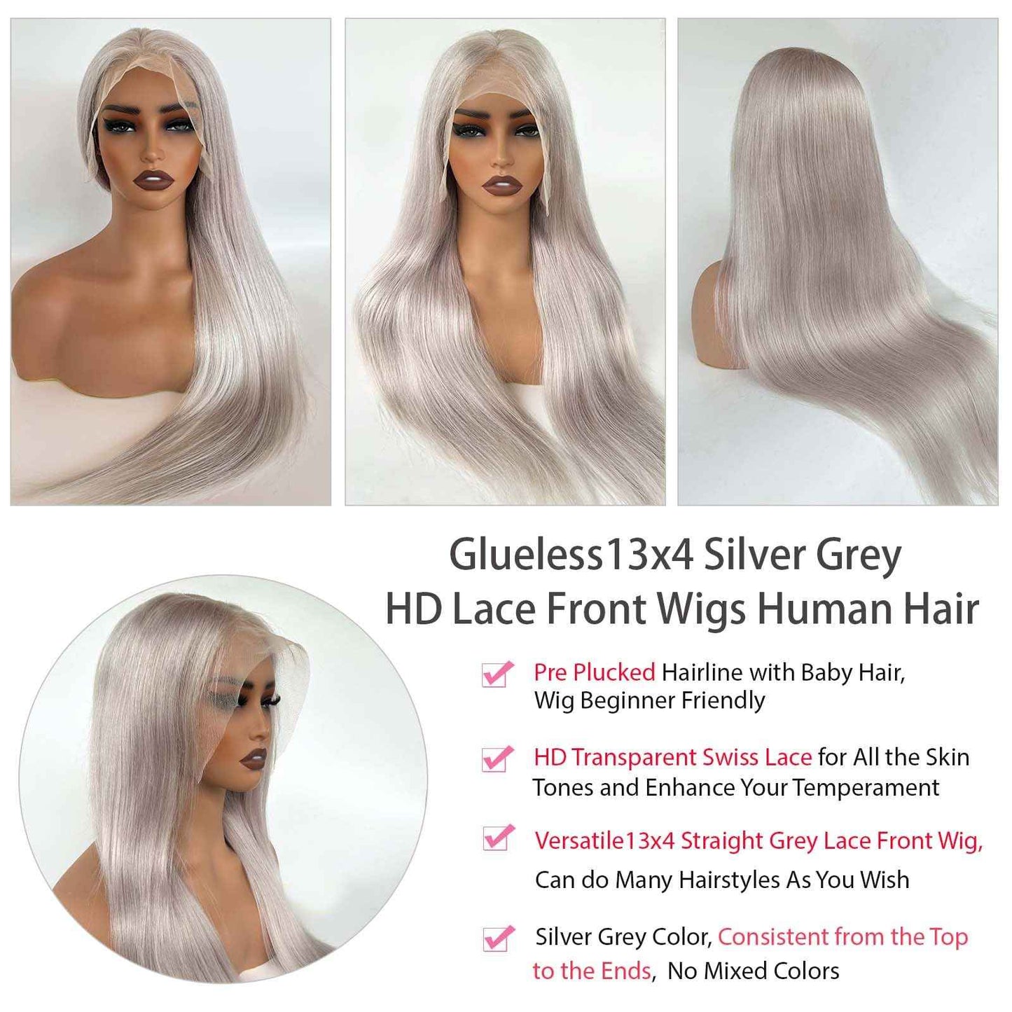 22 Inch Grey 13x4 Lace Front Wig Human Hair HD Transparent Silver Lace Front Human Hair Wigs for Black Women 180% Density Thick Silver Grey Wig Human Hair Free Part Glueless Frontal Wigs Pre Plucked