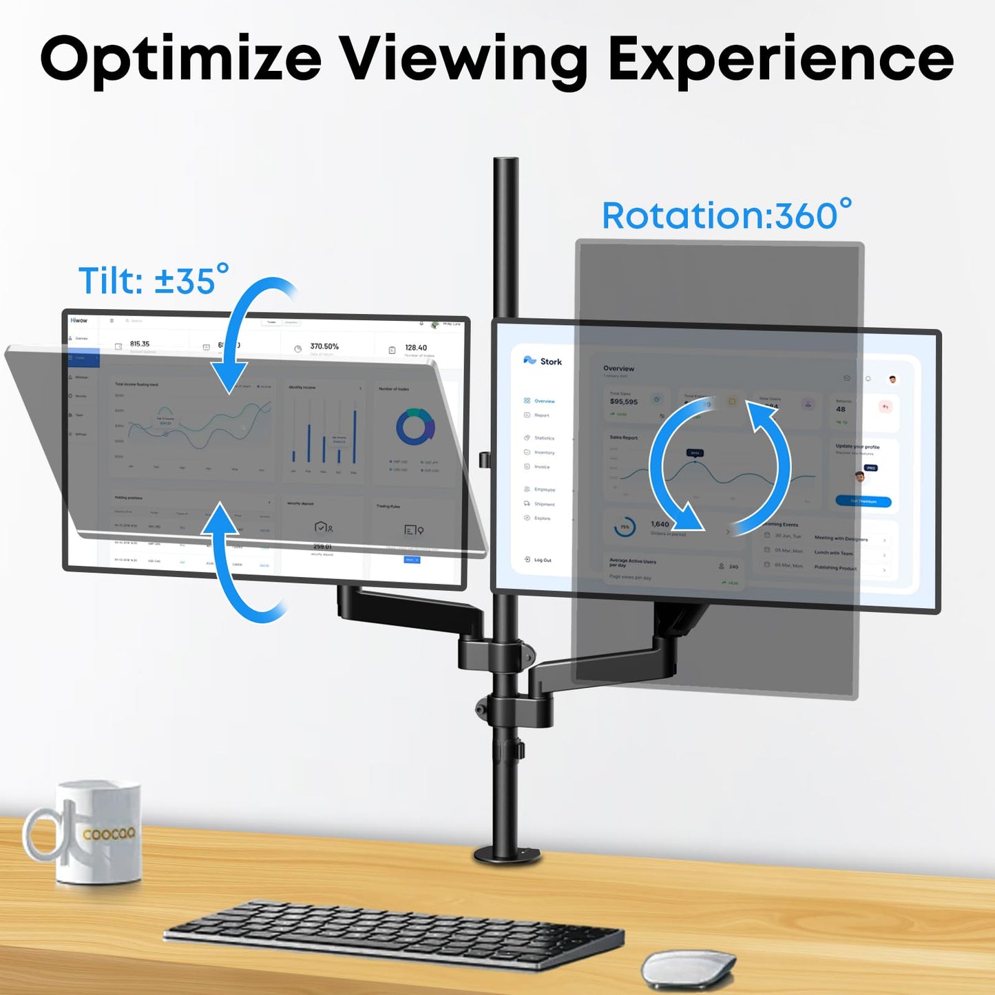 17-32'' Vertical Monitor Stand, 34.9'' Long Pole Stand, Max Load 19.8 lbs, Adjustable Tilt/Swivel/Rotate WORLDLIFT Dual Stacked Monitor Mount, VESA 75 * 75/100 * 100mm