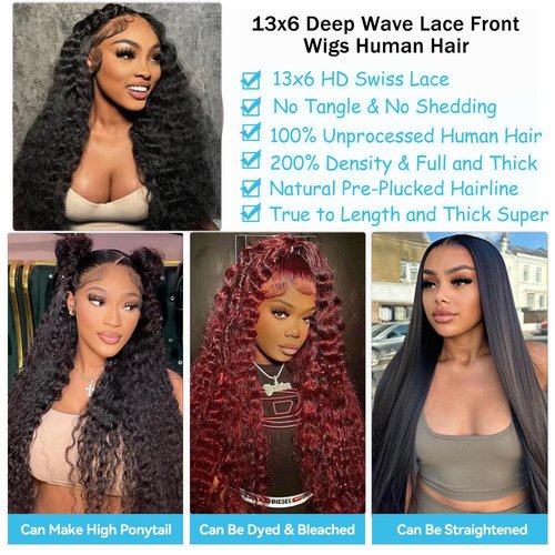 Jukabe 13x6 Lace Front Wigs Human Hair Pre-Plucked 200 Density HD Transparent Deep Wave Lace Frontal Wig for Women, 22 Inch