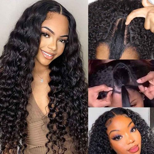 Lucasar Deep Wave U Part Human Hair Wig Curly U Part Wigs Glueless Human Hair wigs for Black Women Natural Color 180% Density 14 Inch