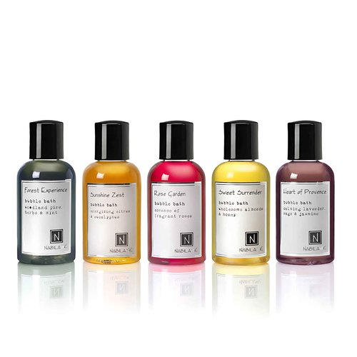 Assorted Travel Size Bubble Bath Collection (Set of 5) by Nabila K - Forest Experience, Sunshine Zest, Rose Garden, Sweet Surrender, Heart of Provence - Essential Oils with Natural Ingredients - 2 oz