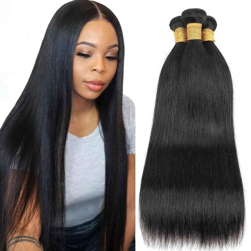Brazilian Straight Human Hair Bundles Weaves 100% Unprocessed Virgin Straigt Human Hair 3 Bundles 18 20 22Inch Raw Sew in Bundles Deals for Woman Nature Black (100+/-5g)/pc Can be Dyed and Bleached
