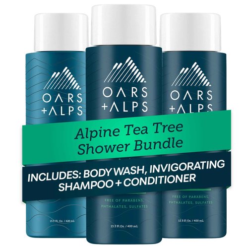 Oars + Alps Men's Sulfate Free Hair Shampoo, Conditioner, and Body Wash Kit, Moisturizing Skin Care Infused with Witch Hazel and Tea Tree Oil, Alpine Tea Tree Scent