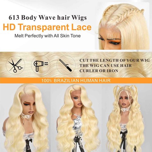 MARUOL 613 13x6 Lace Front Wig Human Hair Blonde Wig Body Wave HD Transparent Lace Frontal Wigs Human Hair for Black Women 180% Density Glueless wigs Pre Plucked 28 Inch