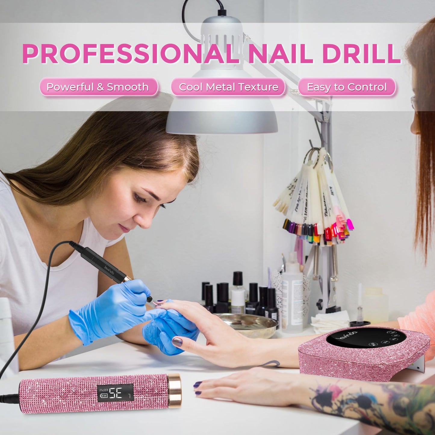 Lavinda Portable Nail Drill Electric File, 35000RPM Professional Rechargeable E-File Machine with Bits, Cordless Nail Drill Machine with Coreless Motor for Acrylic Nails, for Manicure Salon Home,Pink
