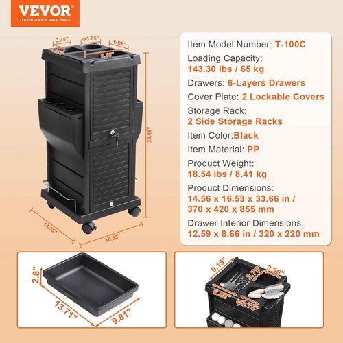 VEVOR Ultimate Trolley Cart, Salon Trolley with 6 Detachable Trays & Appliance Holder, Durable Salon Rolling Cart with Locking Casters for SPA & Beauty & Tattoo & Hairdressing