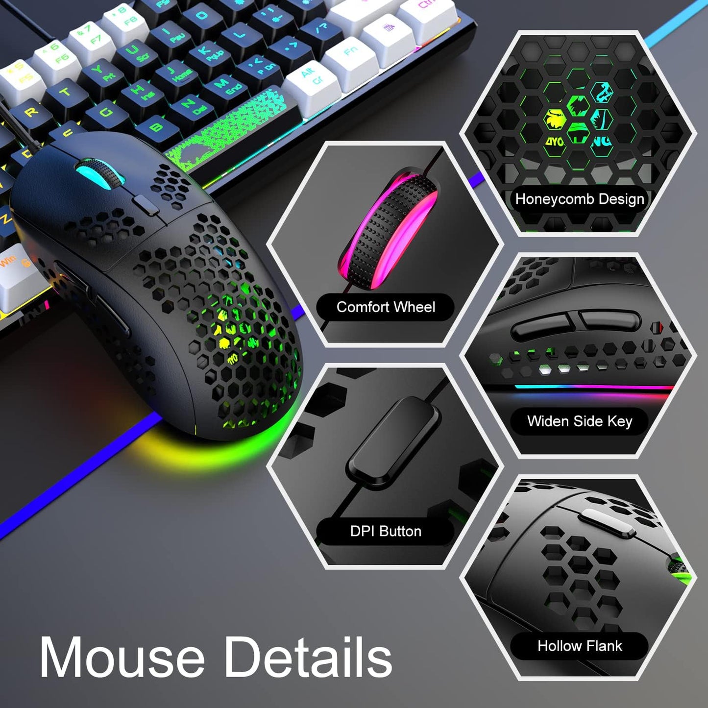 60% Gaming Keyboard and Mouse Combo Small Mini RGB Backlight Mechanical Feeling and Mechanical RGB 6400 DPI Honeycomb Optical Mouse,Gaming Mouse pad for Gamers and Typists Black