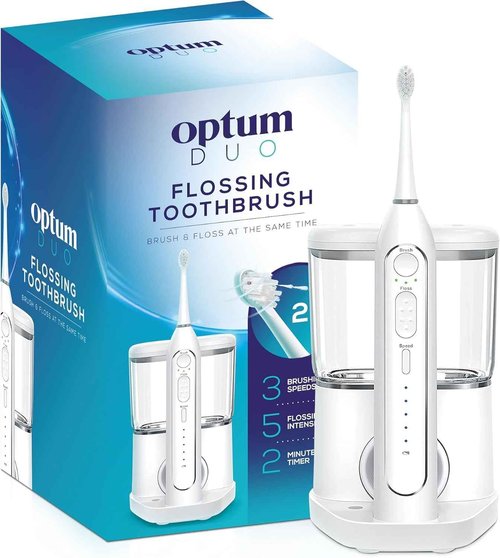 Optum Duo Flossing Toothbrush 2-in-1 Electric Toothbrush Water Flosser Combo – Sonic Toothbrush with 40k Vibrations & High Pressure Dental Flosser, 5 Brushing Modes, Ideal for Braces & Implants