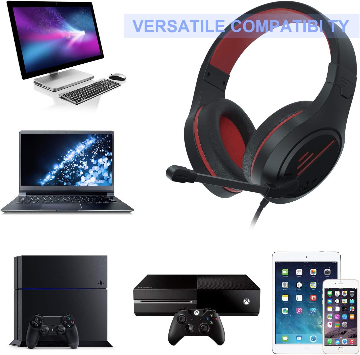 Anivia MH601 Headphones with Microphone LED Wired Headset with Active Noise Canceling Microphone, 3.5mm Audio Jack Stereo Headphone - Red (Game/Work/School)