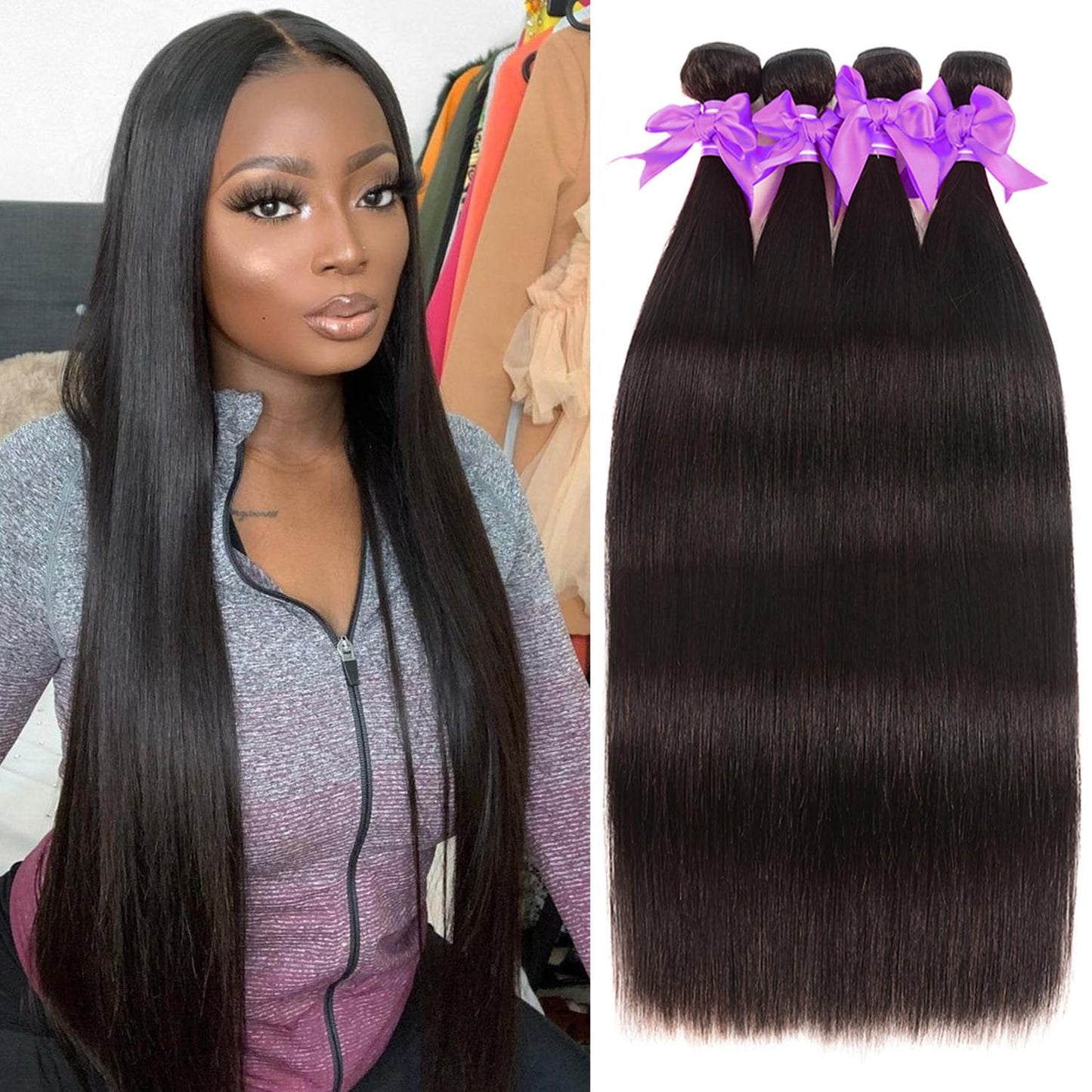 10A Straight Human Hair Bundles Brazilian Human Hair Bundles 20 22 24 26 Inch 100% Unprocessed Virgin Bundles Human Hair 4 Bundles Human Hair Double Weft Remy Hair Bundles Natural Black Deals