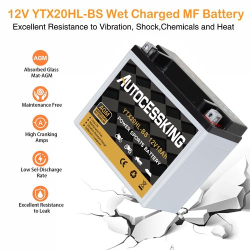 Autocessking YTX20HL-BS Motorcycle Battery, 12V 18AH Rechargeable Maintenance Free Sealed AGM Battery Powersport Replacement Battery for ATV and Scooter