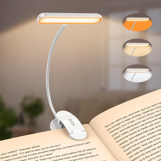 Gritin Rechargeable Book Light for Reading in Bed with 19 LED &Memory Function-Eye Caring 3 Color Temperatures,5 Brightness Levels,80 Hrs Runtime Flexible Goose Neck Clip on Light-White