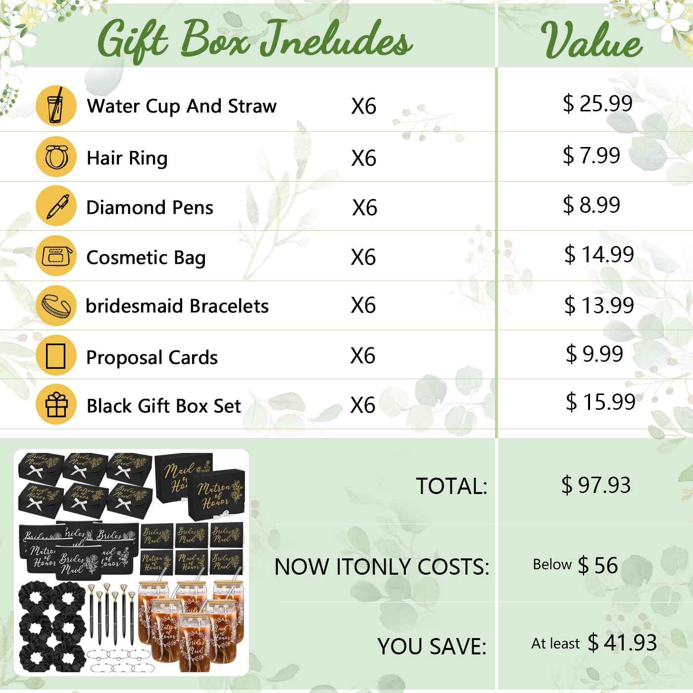 42Pack Bridesmaid Proposal Gifts,Maid of Honor Gifts Matron of Honor Gifts Including Bridesmaid Boxes,16oz Cups Makeup Bag Bracelets Diamond Pen Invitation Cards Scrunchies for Wedding (Black)