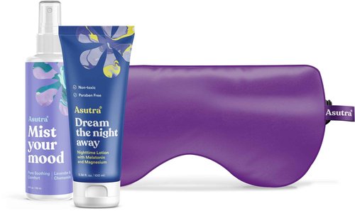 ASUTRA Dorm Set Bundle, 3 Products – Purple Silk Eye Mask Filled with Lavender and Flax Seeds, Melatonin Lotion with Magnesium and Shea Butter, Lavender and Chamomile Aromatherapy Mist