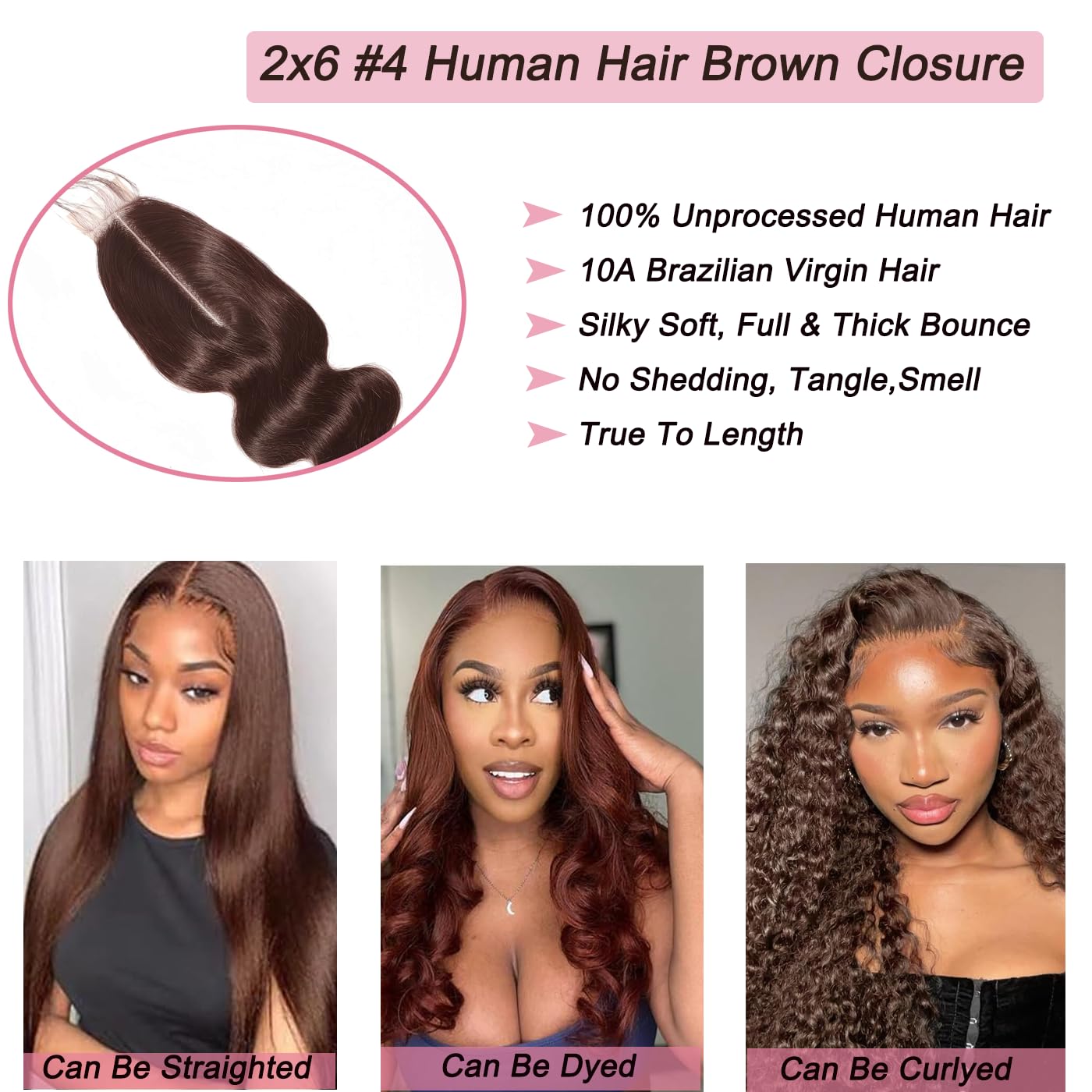 #4 Brown Human Hair Closure Transparent Lace 2x6 Brown Body Wave Closure Pre Plucked Deep Part 100% Unprocessed Human Virgin Hair Wet And Wavy 18 Inch