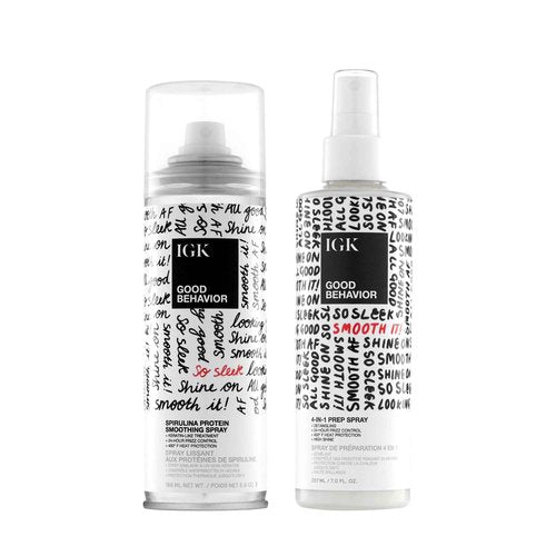 IGK GOOD BEHAVIOR Smoothing Frizz Fighters Set | 4-in-1 Prep Spray + Spirulina Protein Smoothing Spray | Frizz Control + Heat Protectant | Vegan + Cruelty Free