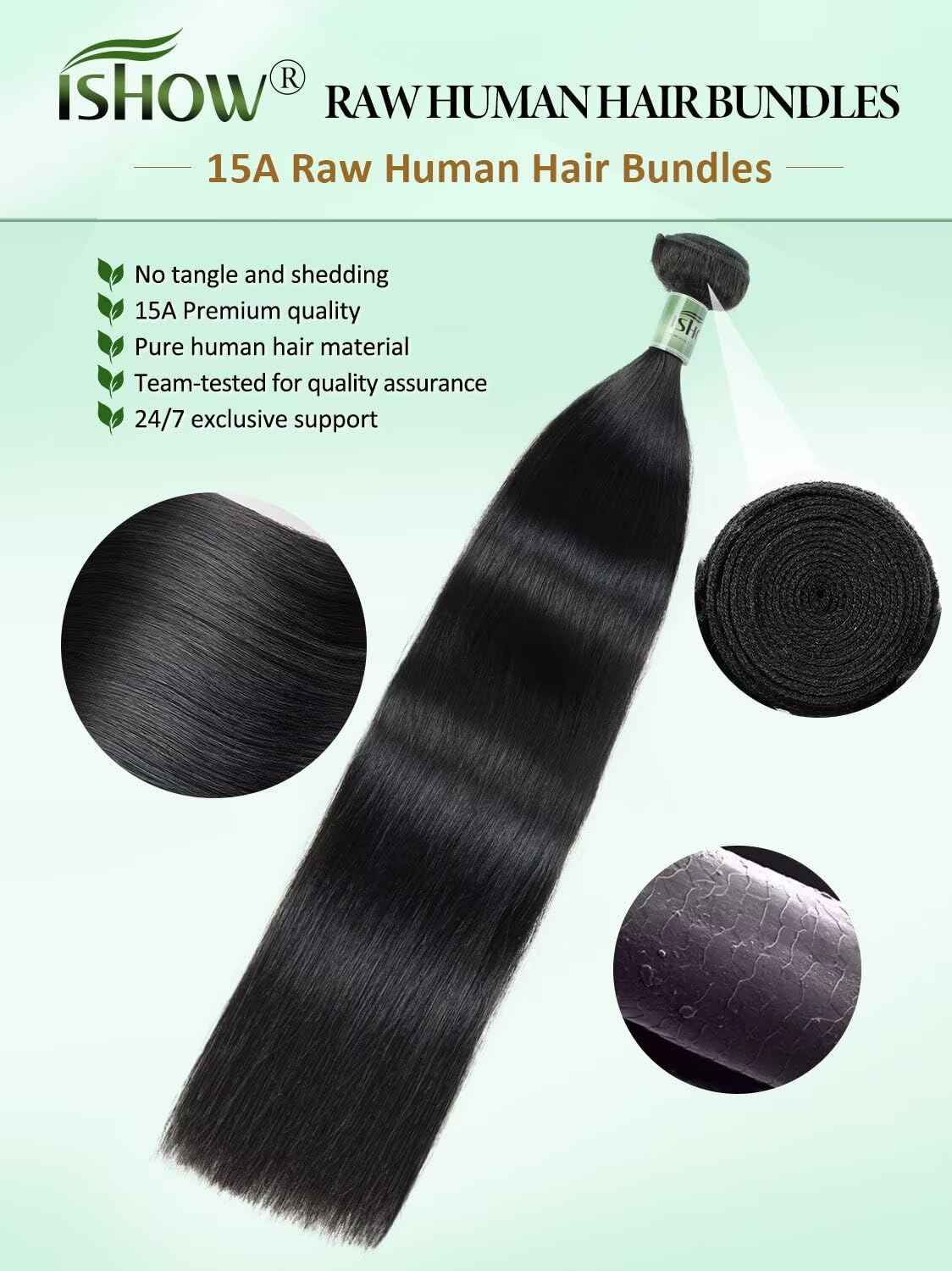 ISHOW Raw Human Hair Bundles, 100% Unprocessed Virgin Human Hair, 15A Straight Premium Quality Bundles Producer, 16 Inch Single Bundle, Long Lasting, Color 1B