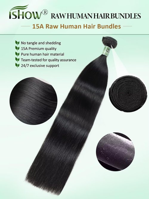 ISHOW Raw Human Hair Bundles, 100% Unprocessed Virgin Human Hair, 15A Straight Premium Quality Bundles Producer, 10 Inch Single Bundle, Long Lasting, Color 1B