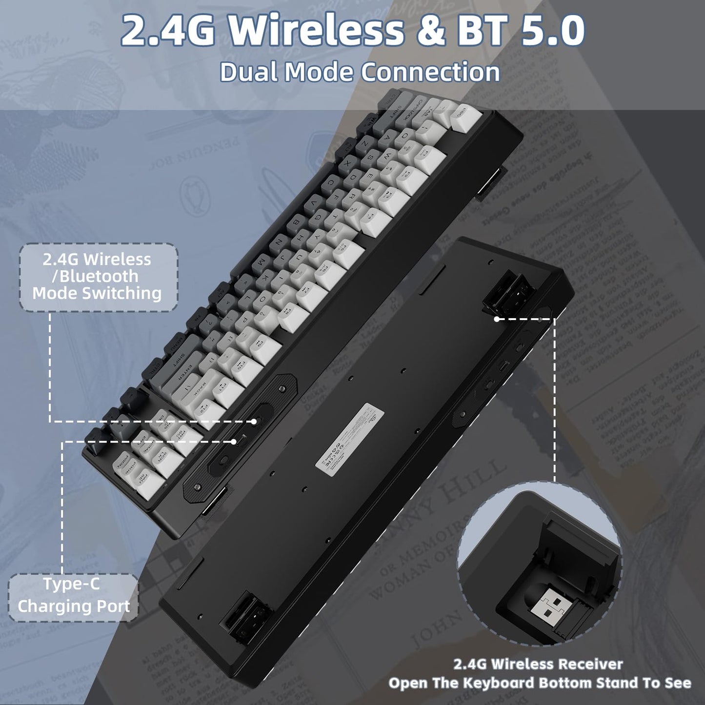 ZIYOU LANG M87 75% Wireless Gaming Keyboard Mechanical Feel Silent Rainbow Backlit Bluetooth/2.4Ghz PBT Gradient Keycaps Rechargeable 4000mAH Battery Ergonomic for MAC/Win/PC-Moonnight