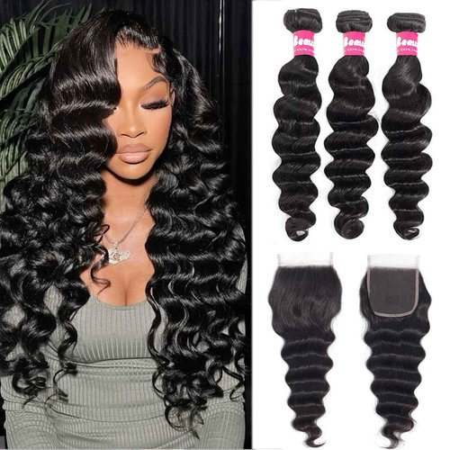 Beaushine 10A Human Hair Bundles with Closure Loose Deep Wave Quick Weave Hair-18 20 22+18inch, 100% Raw Brazilian Virgin Hair Loose Wave Lace Closure with 3 Bundles Pre plucked Natural Black Color