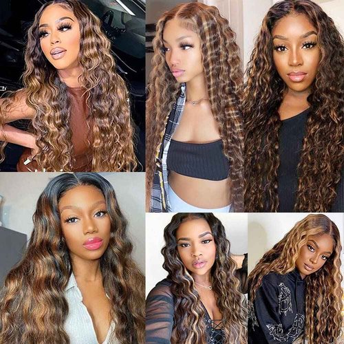 P4/27 Highlight Deep Wave Bundles Brown and Honey Blonde Human Hair 3 Bundles Brazilian 100% Unprocessed Virgin Extensions Double Weft Bundle Piano Color 14 16 18 Inch