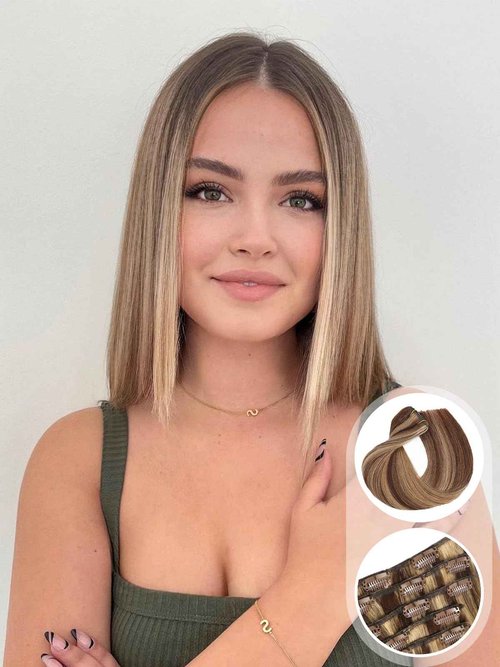 Seamless Clip in Hair Extensions Real Human Hair 8pcs/105g Straight Hair Extensions Clip ins for Women Brazilian 100% Full Virgin Human Hair(20 inch #4P/27)