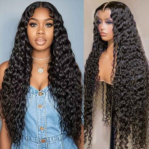 Alimog Water Wave Lace Front Wigs Human Hair HD Wet and Wavy Lace Front Wigs Human Hair 28 Inch Curly Lace Front Wigs Human Hair Pre Plucked Natural Color
