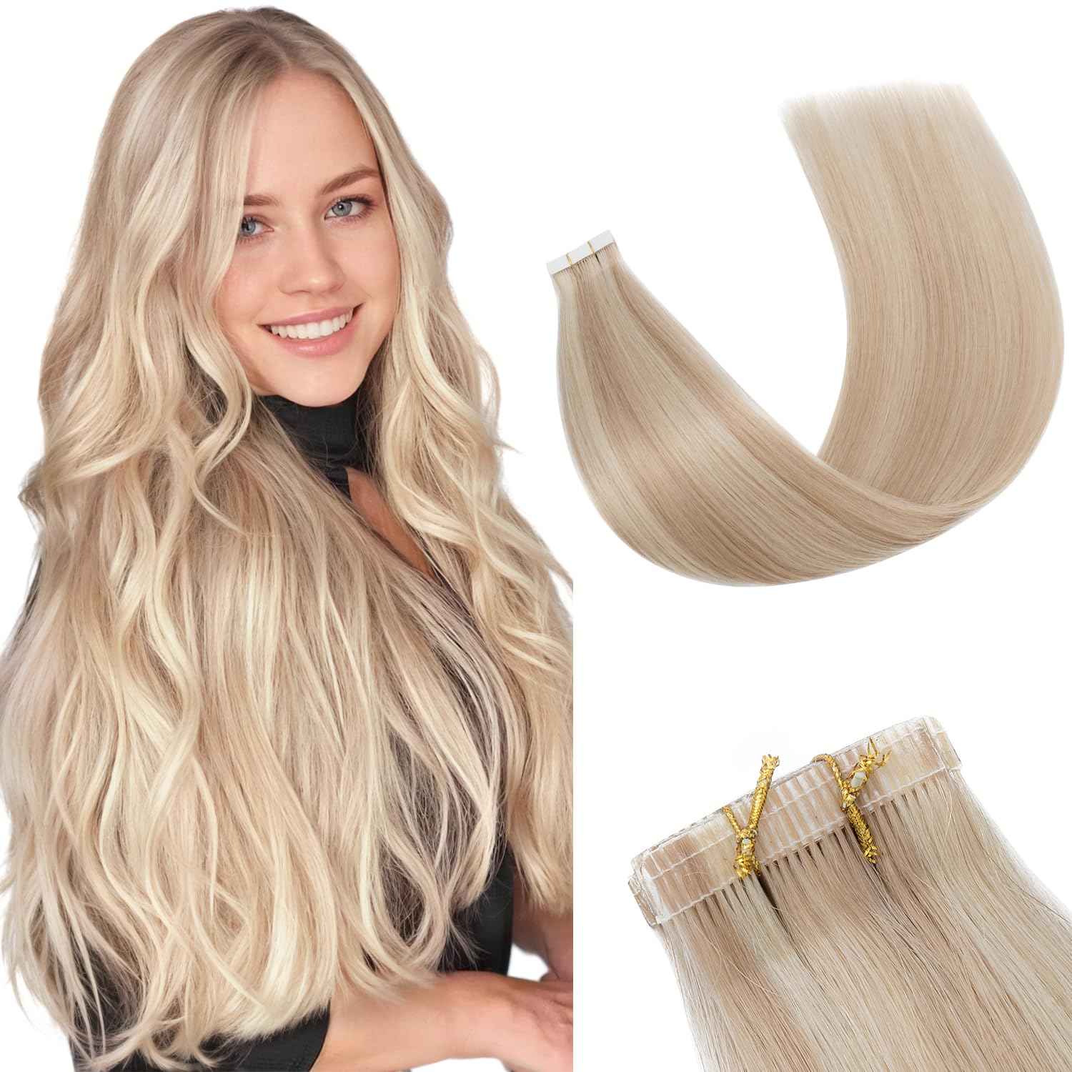 Human Hair Tape in Extensions-Double Stitched,SLEEKALON Free-cut Mini Tape ins Real Hair Extension Highlights Plae Blonde mix Brown Seamless Straight Double Side Tape Hair-20 Inch,20pcs 50g,#16P22