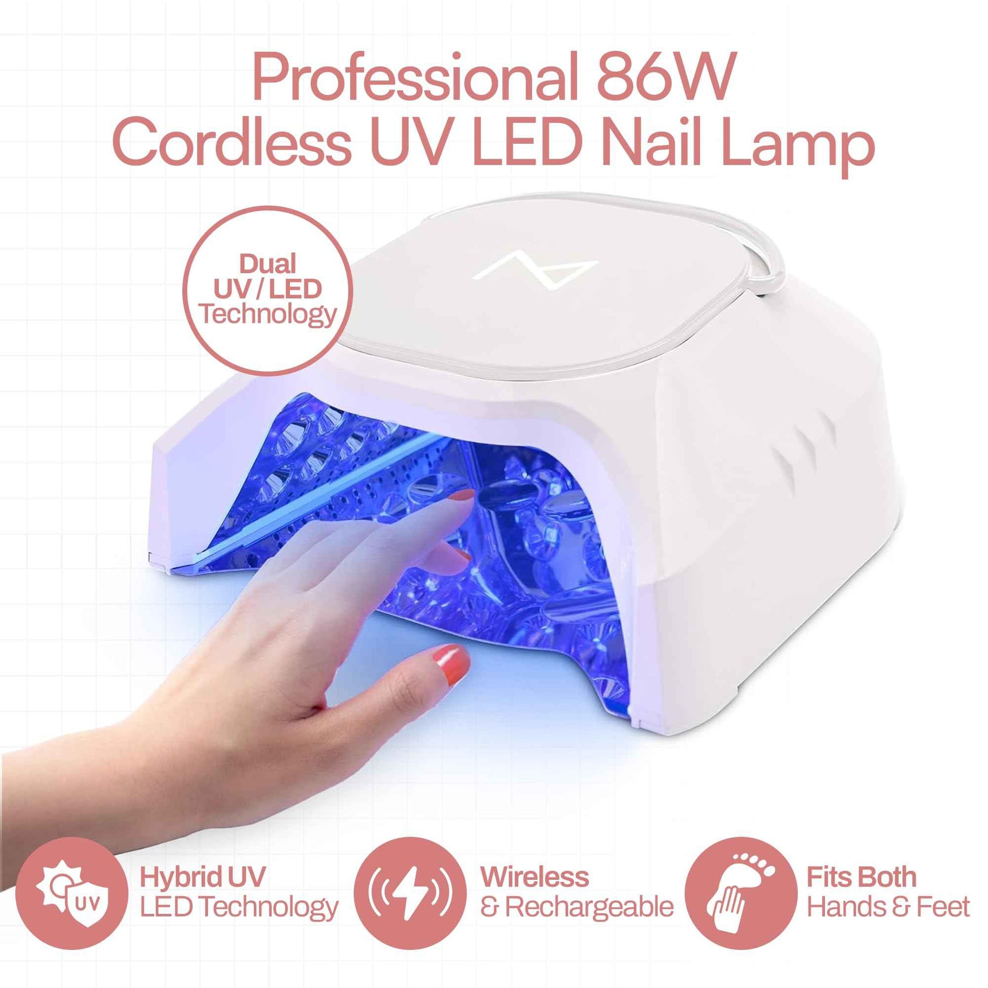 M - GlowPro Professional Hybrid 86W Wireless Rechargeable UV LED Nail Curing Lamp Cordless Nail Dryer for Gel Nails, Manicure, Pedicure (White)