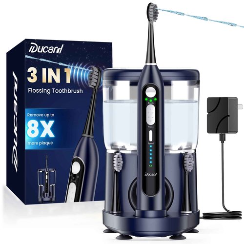 Electric Toothbrush with Water Flosser Combo: 3 in 1 Rechargeable Flossing Toothbrush for Adults, 3 Brush Modes & 5 Water Pressure, Portable&Whitening Dental Care, 500ML Cordless Brush Cleaning Kit