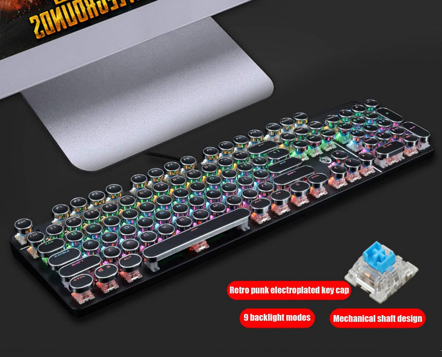 YSCP Typewriter Style Mechanical Gaming Keyboard LED Backlit Wired with Blue Switch Retro Round Keycap 104 Keys Keyboard (Black 104 Keys LED)