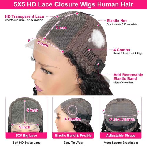 Hoiloxa 5x5 HD Lace Closure Wigs Human Hair Deep Wave Lace Front Wigs Human Hair 180% Density Wet and Wavy Deep Curly Closure Wig Glueless Curly Wigs for Black Women Deep Wave Wig 26 Inch