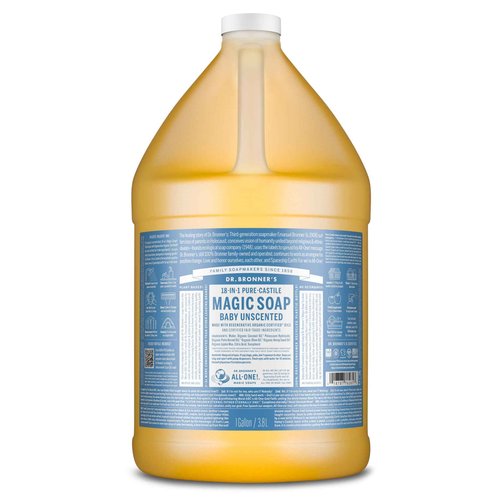 Dr. Bronner's Pure-Castile Magic Soap Liquid (Baby Unscented, 1 Gallon) – Made with Regenerative Organic Certified Oils- For Sensitive Skin, Babies, Face, Hair, Laundry, Dishes, Hand Soap & Body Wash
