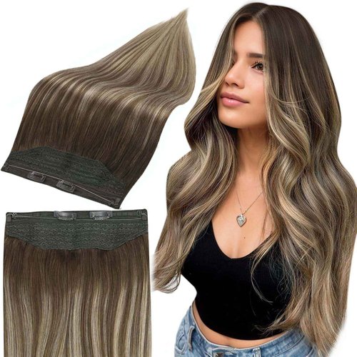 Full Shine Invisible Wire Hair Extensions Brown Ombre Hair Extensions Clip In Human Hair One Piece Hair Clip In Extensions 18 Inch 80G One Piece Human Hair Extensions Fish Line Extensions