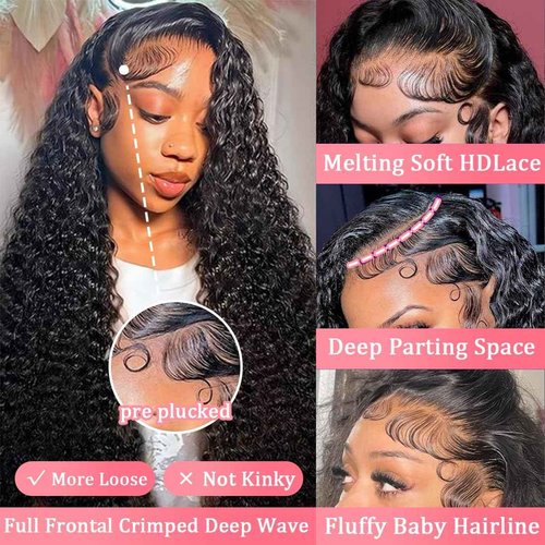 RJCY Deep Wave Lace Front Wigs 13x6 HD Transparent Human Hair Lace Front Wigs for Women 200 Density Deep Curly Human Hair Wigs Pre Plcked Deep Wave Frontal Wigs with Baby Hair 28 Inch