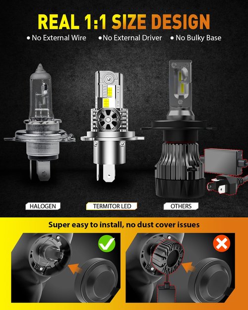 Termitor Upgraded H4/9003 Light bulb Hi/Low Beam,50000LM 900% Super Brighter, 6500K Cool White, HB2 Fog Light Bulbs with Cooling Fan, 1:1 Mini Halogen Size, Plug and Play, Pack of 2