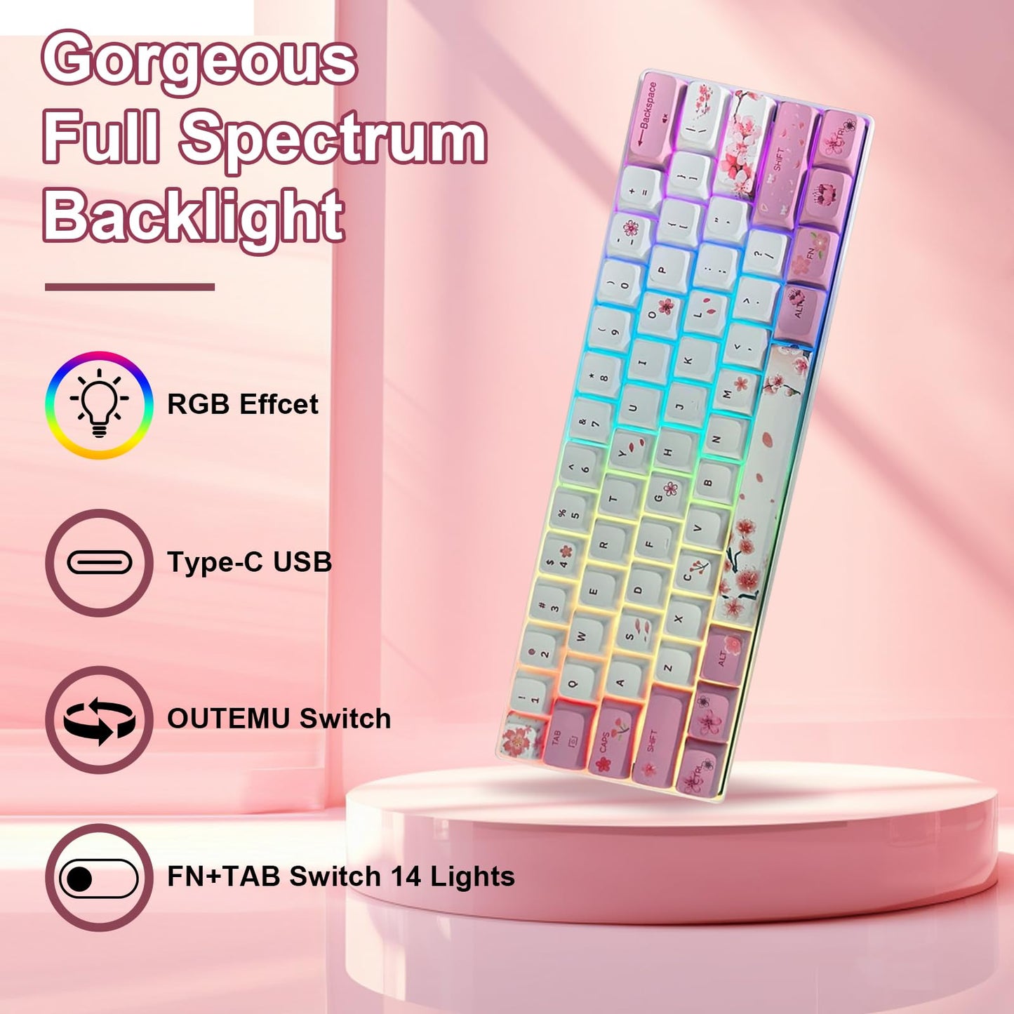 ZMX Cherry Blossom Pink and White Keyboard,60% Wired Hot Swappable RGB Backlit Mechanical Gaming Keyboard Mini 61 Keys XDA Profile Cute PBT Keycaps for Office PC/Mac Gamer (OUTEMU-Blue Switch)