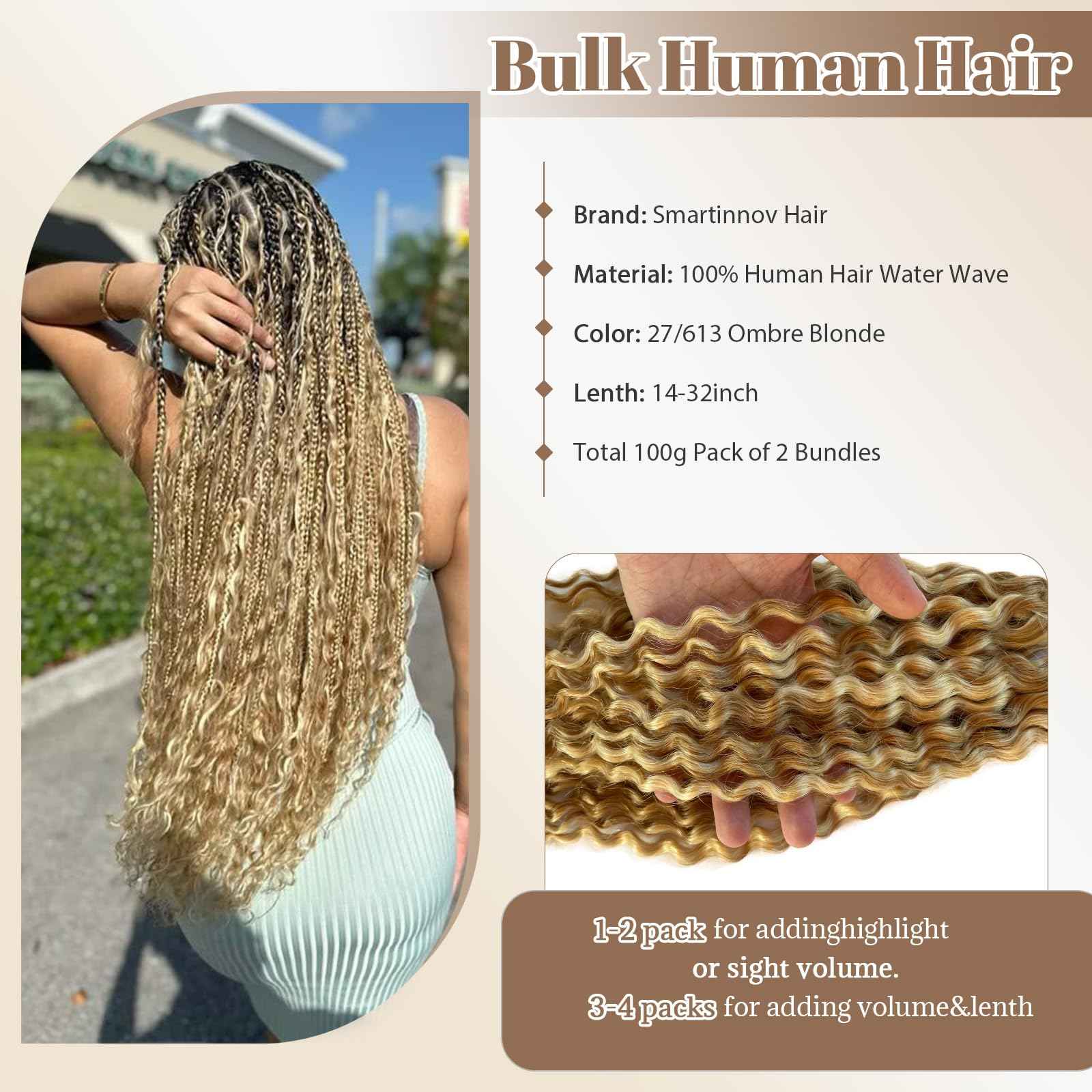 Human Braiding Hair 22 Inch 2 Bundles100g Braiding Hair No Weft Water Wave Bulk Human Hair for Braiding Honey Blonde to Bleached Blonde Highlight Hair Extensions for Boho Braids Wet and Wavy
