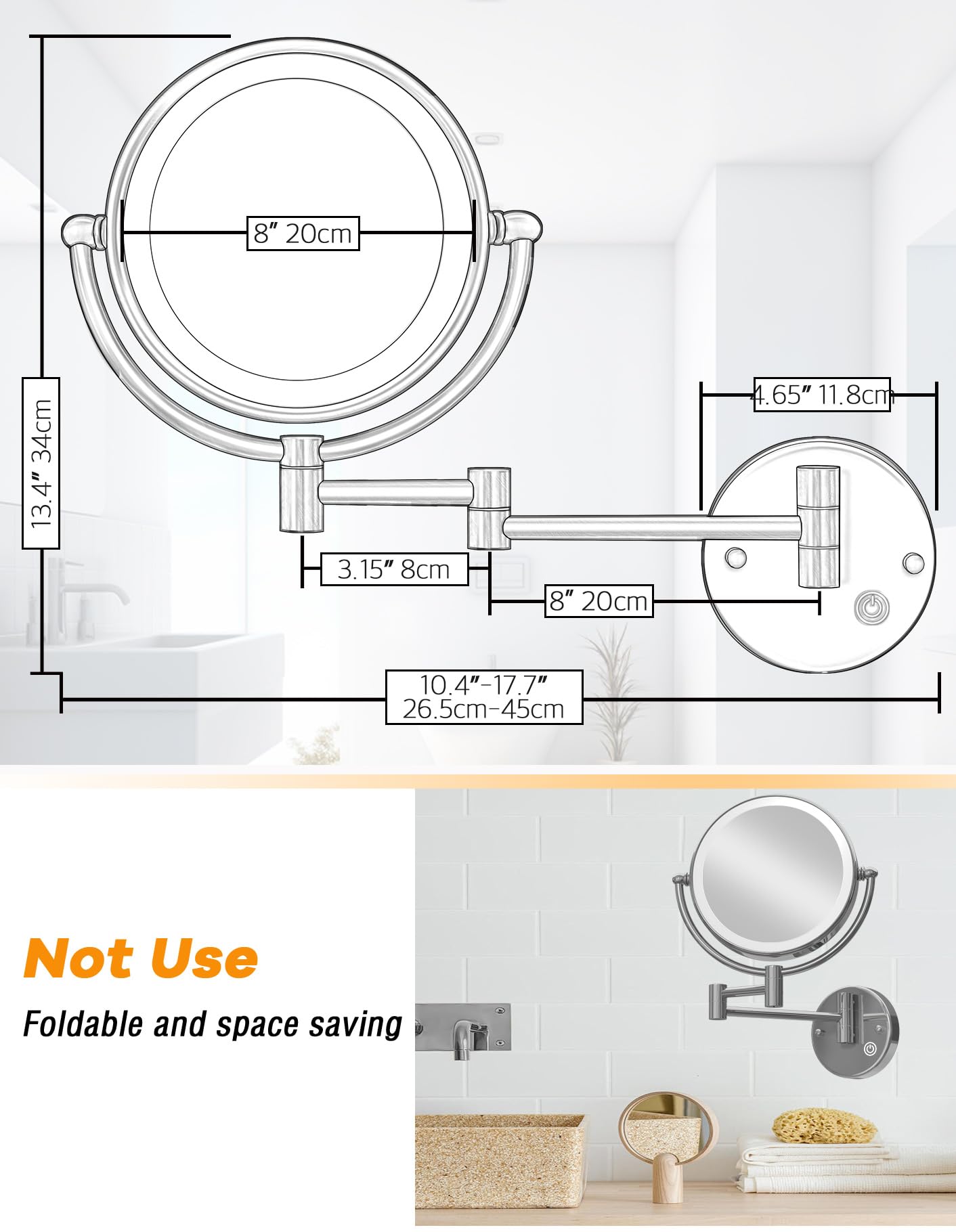 Lighted Makeup Mirror Wall Mount with Magnification 5X LED Double Sided Magnifying with Light, Touch Sensor Dimming, Extendable Swing Arm 360 Swivel Shaving Cosmetic Mirror for Bathroom, Chrome