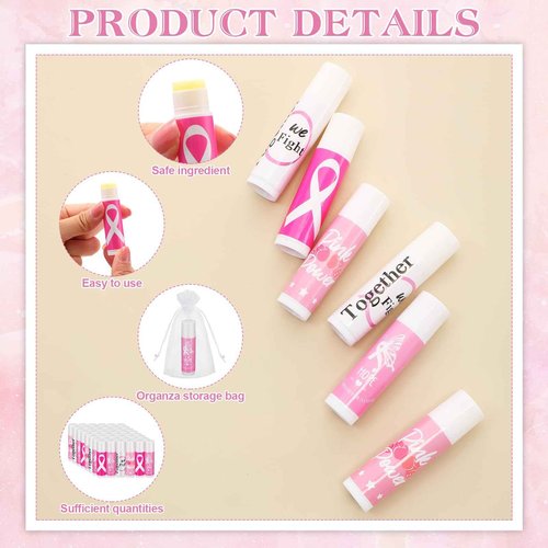Fumete 100 Sets Breast Cancer Awareness Accessories Gifts Lip Balm Bulks Pink Ribbon Breast Cancer Awareness Items Decorations Natural Ingredients Survivor Gifts Items for Girl Women