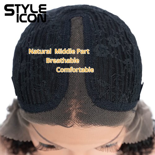 Style Icon Human Hair Wigs Short Curly Wigs Fluffy Afro Wigs T-Part Deep Wave Pre Plucked HD Lace Front Black Wigs (12", 1B)