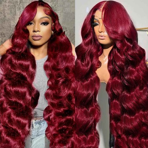 99j Burgundy Lace Front Wigs Human Hair 20 Inch Body Wave Lace Front Wigs Pre Plucked 180 Density 13x6 HD Burgundy Wig,100% Real Human Hair No Synthetic Blend No Tangle No Shedding Triple Lifespan 3X