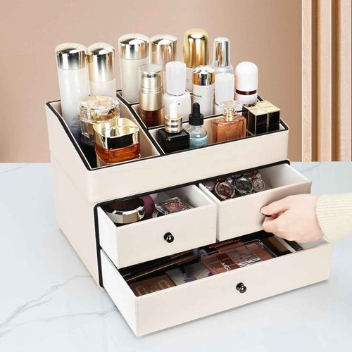 KINGFOM Leather Makeup Organizer with 3 Drawers, 2 Tier Cosmetic Storage Organizer for vanity Dresser Countertop and Bathroom Vanity, Beauty Holder for Lipstick Brush Skincare (Beige)