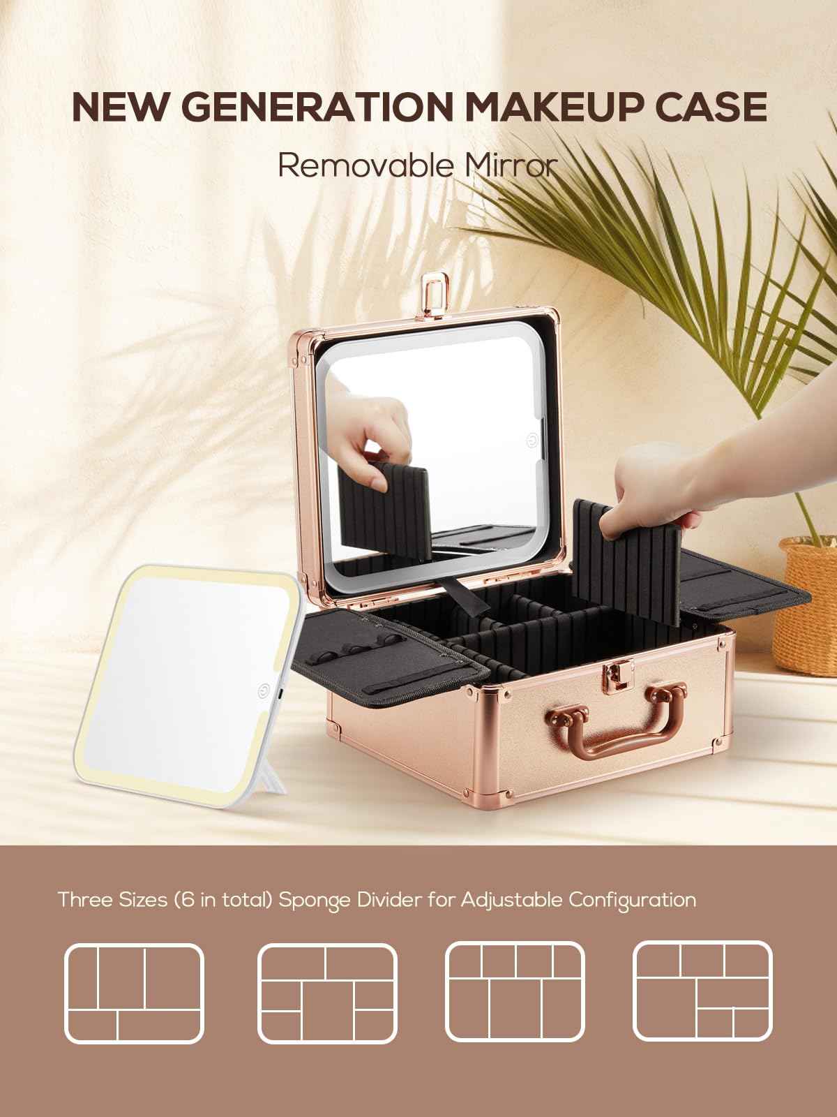 OMIRO Makeup Case, Travel Makeup Bag with Light Up Mirror Set, Makeup Organizer Box with Magnet Travel Makeup Mirror for Women (Rose Gold)