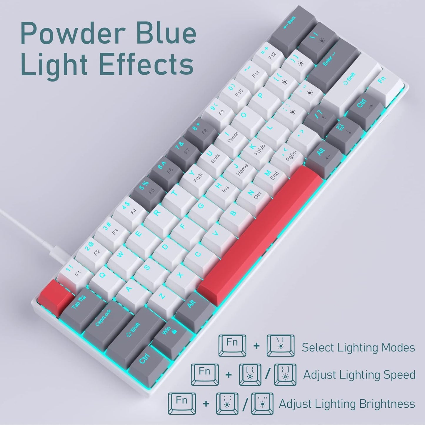 60% Mechanical Gaming Keyboard, White Gaming Keyboard with Red Switches, Detachable Type-C Cable Mini Keyboard with Blue LED Light for/PC/Laptop