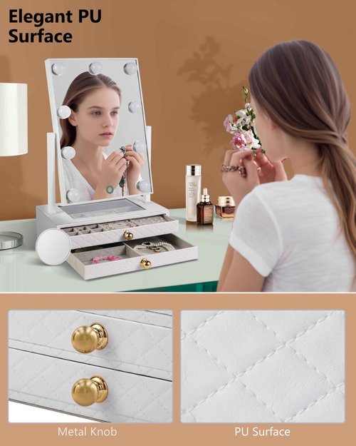 Star Vision 2-in-1 Large Lighted Hollywood Mirror & Jewelry Organizer, 3 Color Tones & Dimmable Light, 2-Layer Drawers, PU Surface with Stitching, Includes a 10X Magnification Mirror, White
