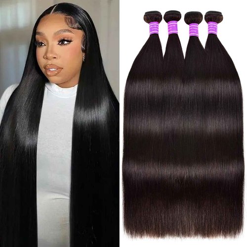 fphko 12A Human Hair Bundles Straight 4 Bundles 100% Unprocessed Brazilian Virgin Hair Double Weft Bundles Deals Human Hair Straight Human Hair Extensions Natural Color (4 Bundles, 24242424)