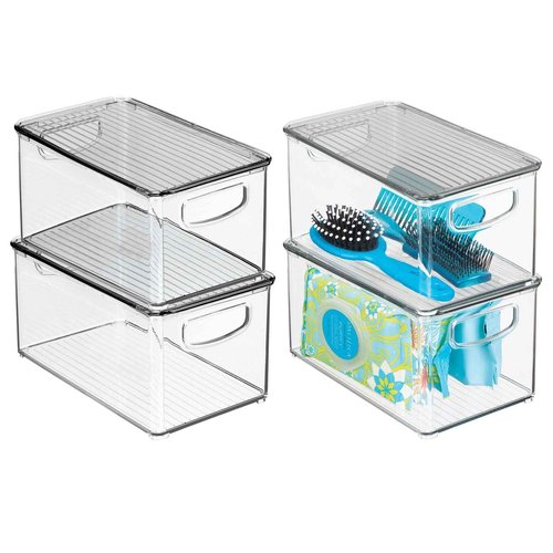 mDesign Deep Plastic Bathroom Storage Bin Box, Lid/Built-in Handles, Organization for Makeup, Hair Styling Tools, Toiletry Accessories in Cabinet, Shelves, Ligne Collection, 4 Pack, Clear/Smoke Gray
